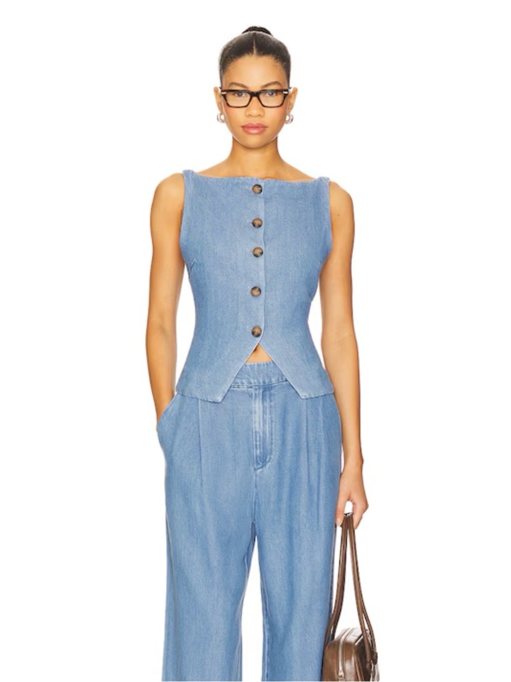 Light Wash Denim Button Front Shell Top - Picture 4 of 4